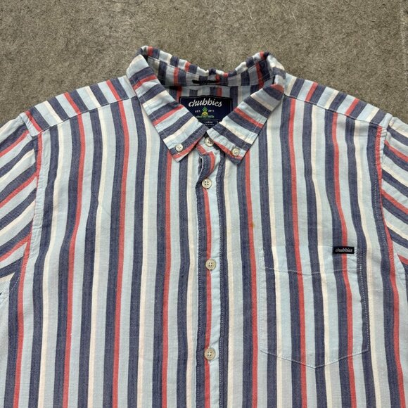 Chubbies Button-Down Shirt Men L Blue Red Striped Friday Short Sleeve - Picture 1 of 12